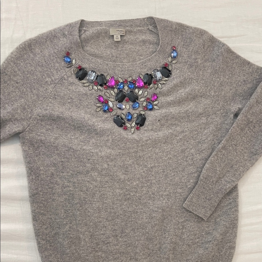 Halogen Cashmere Gray Sweater with Jewel Embellishments